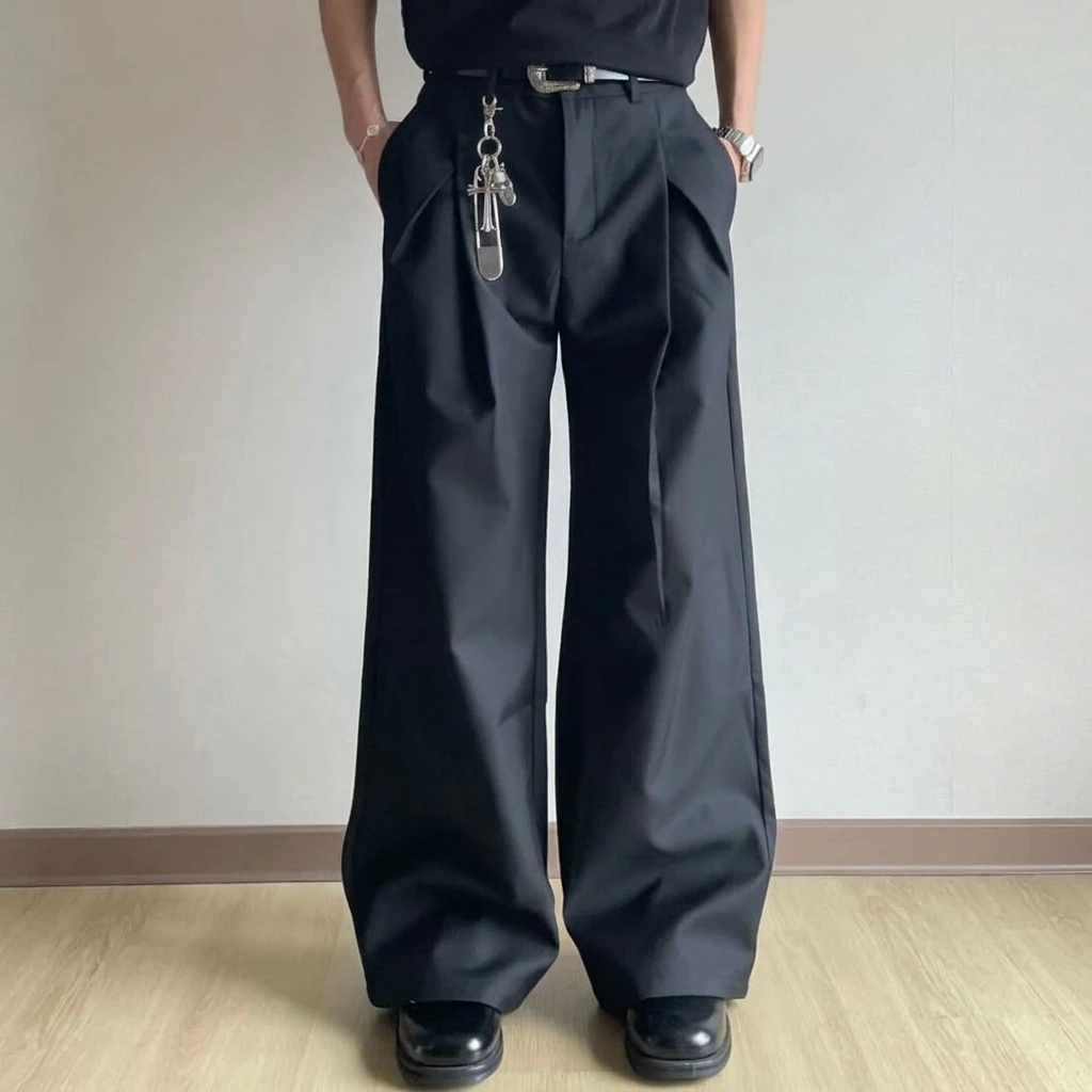 Pantalon de costume vintage plissé à jambe large en sergé pour homme, coupe ample, droit, avec braguette boutonnée, style classique